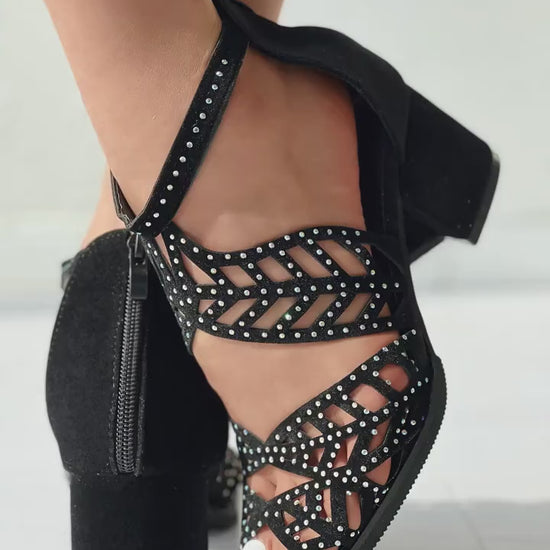 Womens Chunky Heeled Sandals Peep Toe Rhinestone Decor Back Zipper Mid Heels Fashion Dress Shoes