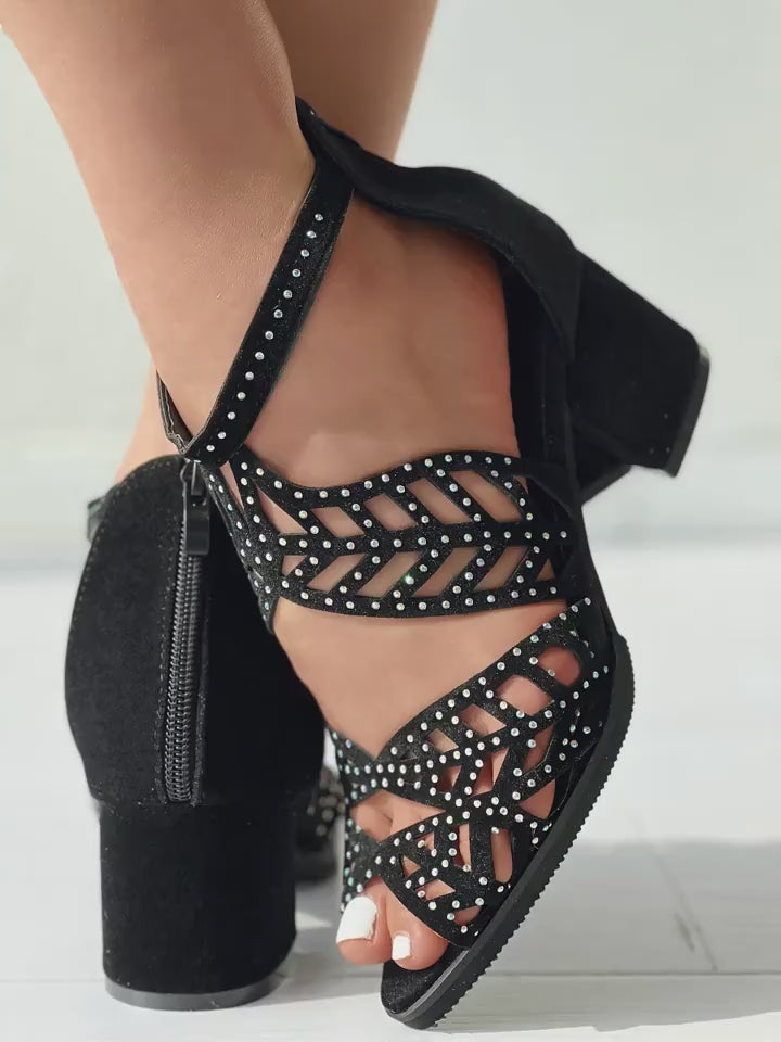 Womens Chunky Heeled Sandals Peep Toe Rhinestone Decor Back Zipper Mid Heels Fashion Dress Shoes