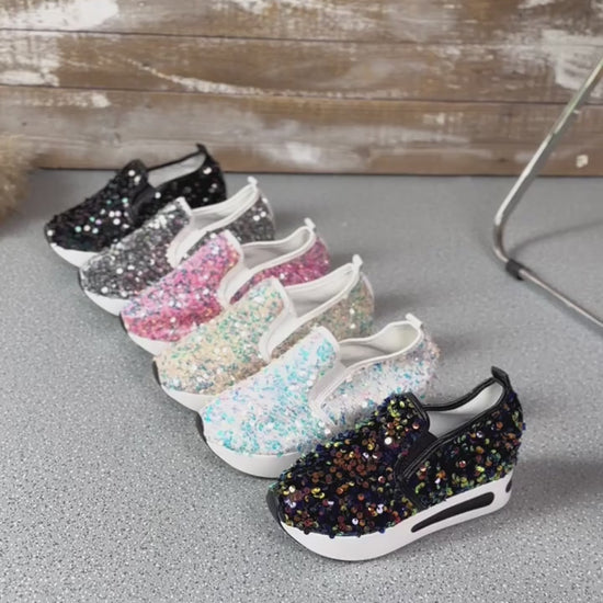 Womens Sequins Platform Sneakers Casual Low Top Slip On Wedge Sports Shoes Fashion Walking Trainers Carnaval