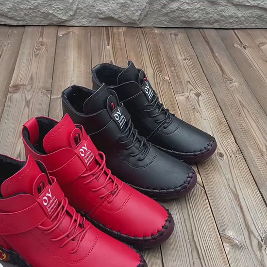 Womens High Top Short Boots Casual Lace Up Plush Ankle Boots Comfortable Faux Leather Sewing Boots