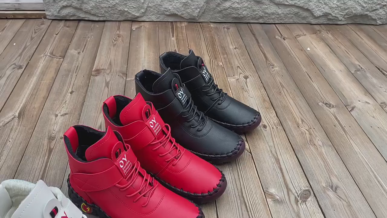 Womens High Top Short Boots Casual Lace Up Plush Ankle Boots Comfortable Faux Leather Sewing Boots