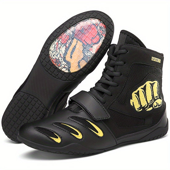 Mens High Top Professional Fist Pattern Boxing Shoes Comfy Non Slip Durable Breathable Lace Up Wrestling Shoes For Mens Outdoor Activities