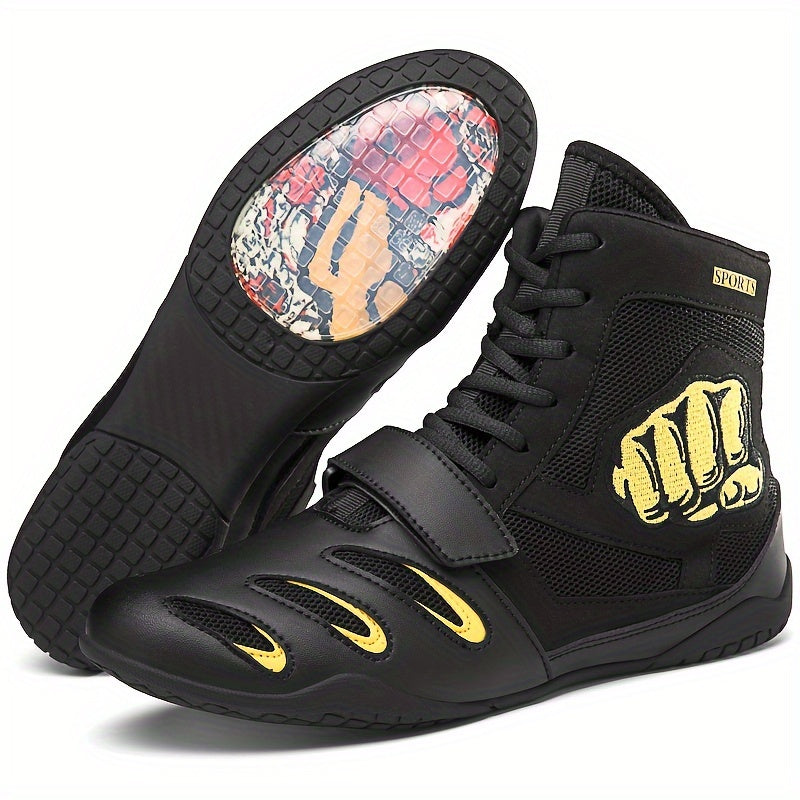 Mens High Top Professional Fist Pattern Boxing Shoes Comfy Non Slip Durable Breathable Lace Up Wrestling Shoes For Mens Outdoor Activities