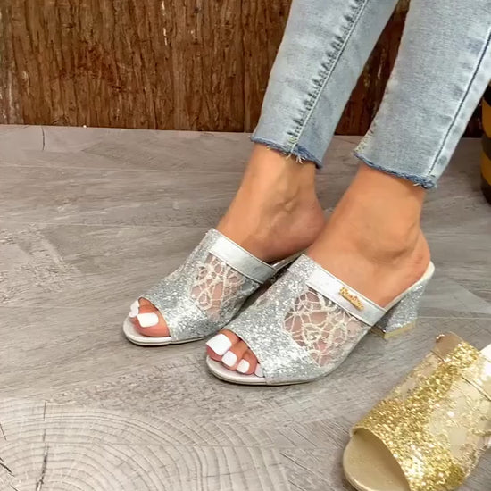 Womens Glitter Design Chunky Heel Sandals Fashion Open Toe Dress Pumps Womens Stylish Slip On Heels