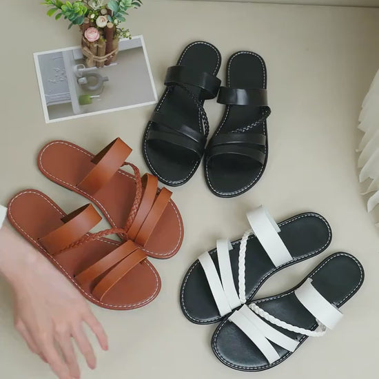 Womens Casual Flat Slides Braided Band Open Toe Slip On Shoes Lightweight Summer Beach Shoes