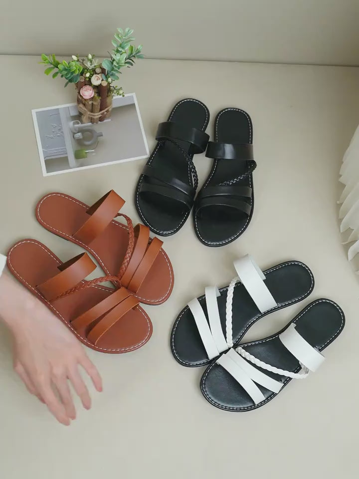 Womens Casual Flat Slides Braided Band Open Toe Slip On Shoes Lightweight Summer Beach Shoes