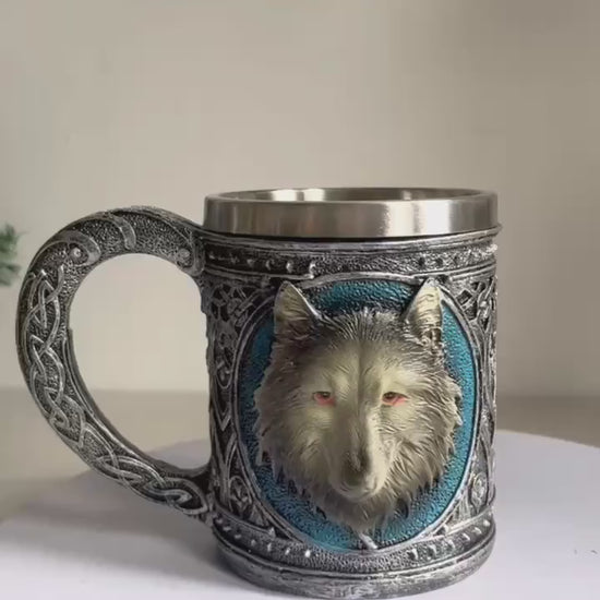 1pc Grey Wolf Celtic Tribal Magic Resin Mug With Stainless Steel Edge Coffee Tea Cereal Drink Halloween Party Hosted Kitchen Decor Wolf Forest Wolf Totem Beer Mug Bar Decor