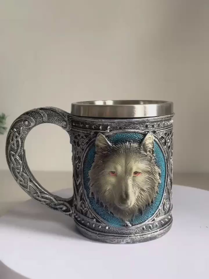 1pc Grey Wolf Celtic Tribal Magic Resin Mug With Stainless Steel Edge Coffee Tea Cereal Drink Halloween Party Hosted Kitchen Decor Wolf Forest Wolf Totem Beer Mug Bar Decor